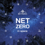 A blue starry background with the white Skyrora logo and white caption reading "Net Zero in Space"