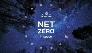 A blue starry background with the white Skyrora logo and white caption reading "Net Zero in Space"