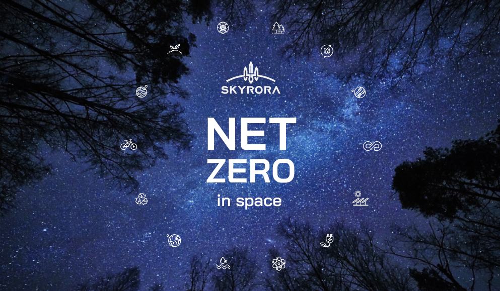 Net Zero in Space A blue starry background with the white Skyrora logo and white caption reading "Net Zero in Space"